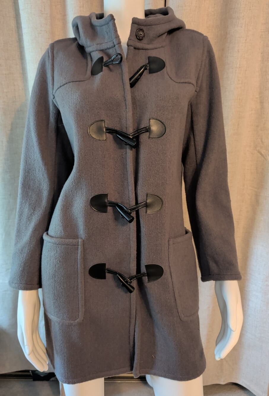 Travelsmith Women's Gray Wool Blend Toggle Duffel Hooded Pea Coat Jacket Size S